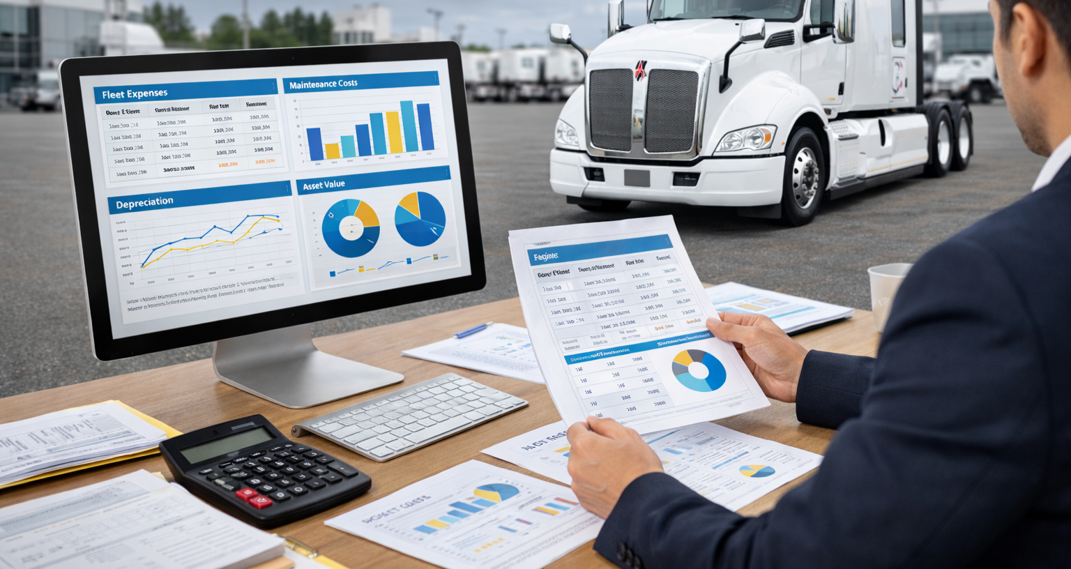 A man analyzing transportation fleet performance reports and data on printed sheets and a computer monitor, with a semi-truck in the background.