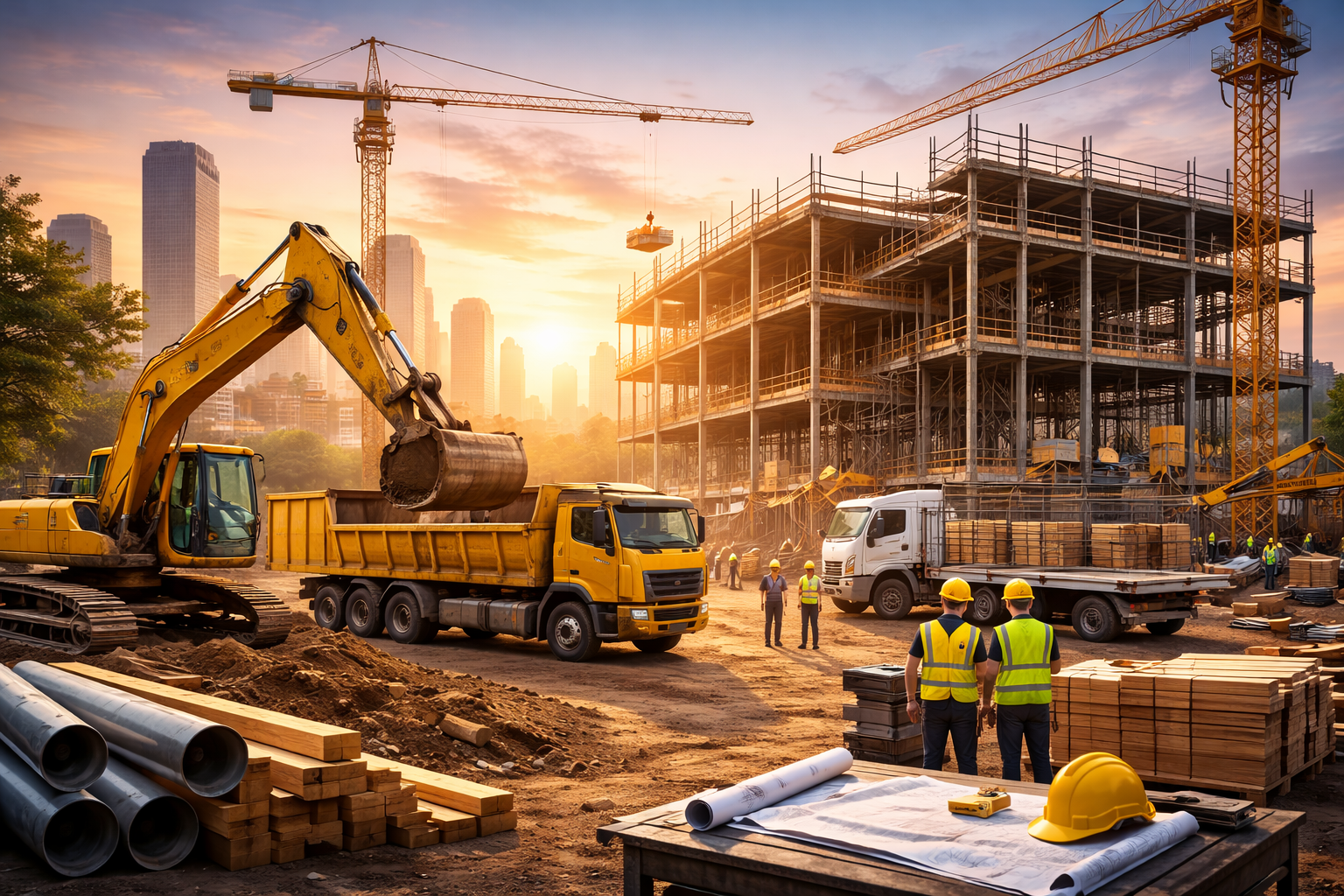 Construction workers on site with machinery and an unfinished building during sunset in an urban setting.