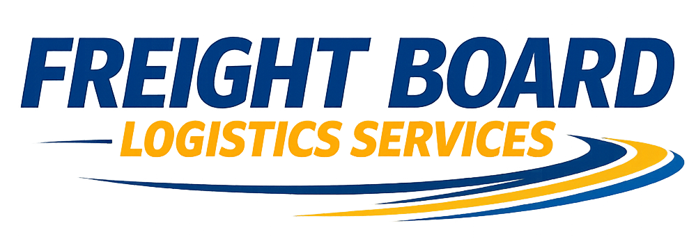 Freight board logo with blue and yellow text and a curved arrow design.