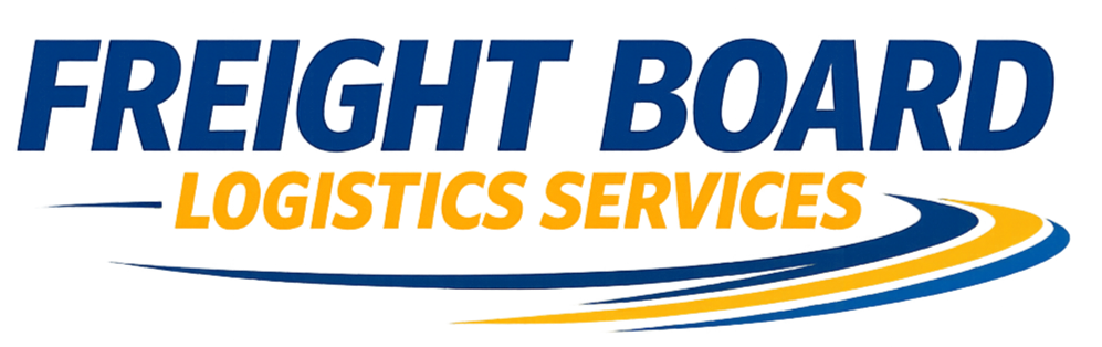 Freight board logistics services logo with large blue and yellow text and a curved arrow design.