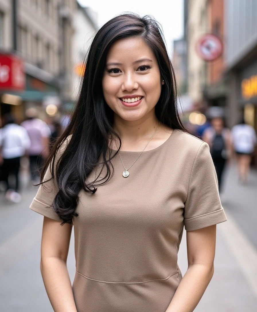 A young woman with long dark hair, smiling, wearing a beige dress and a necklace, standing on a busy city street.