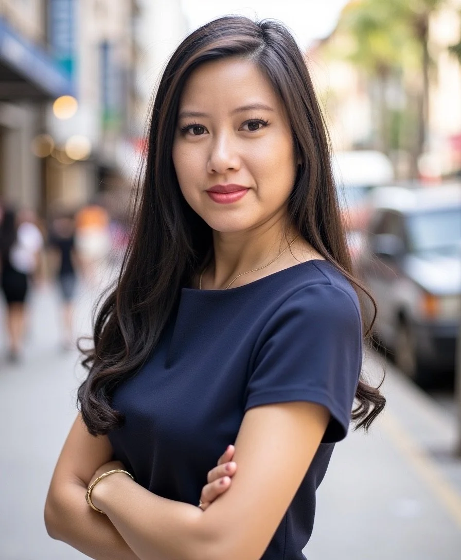 A young woman with long dark hair wearing a navy blue top and a gold bracelet, standing with her arms crossed on a city street with blurred buildings and trees in the background.