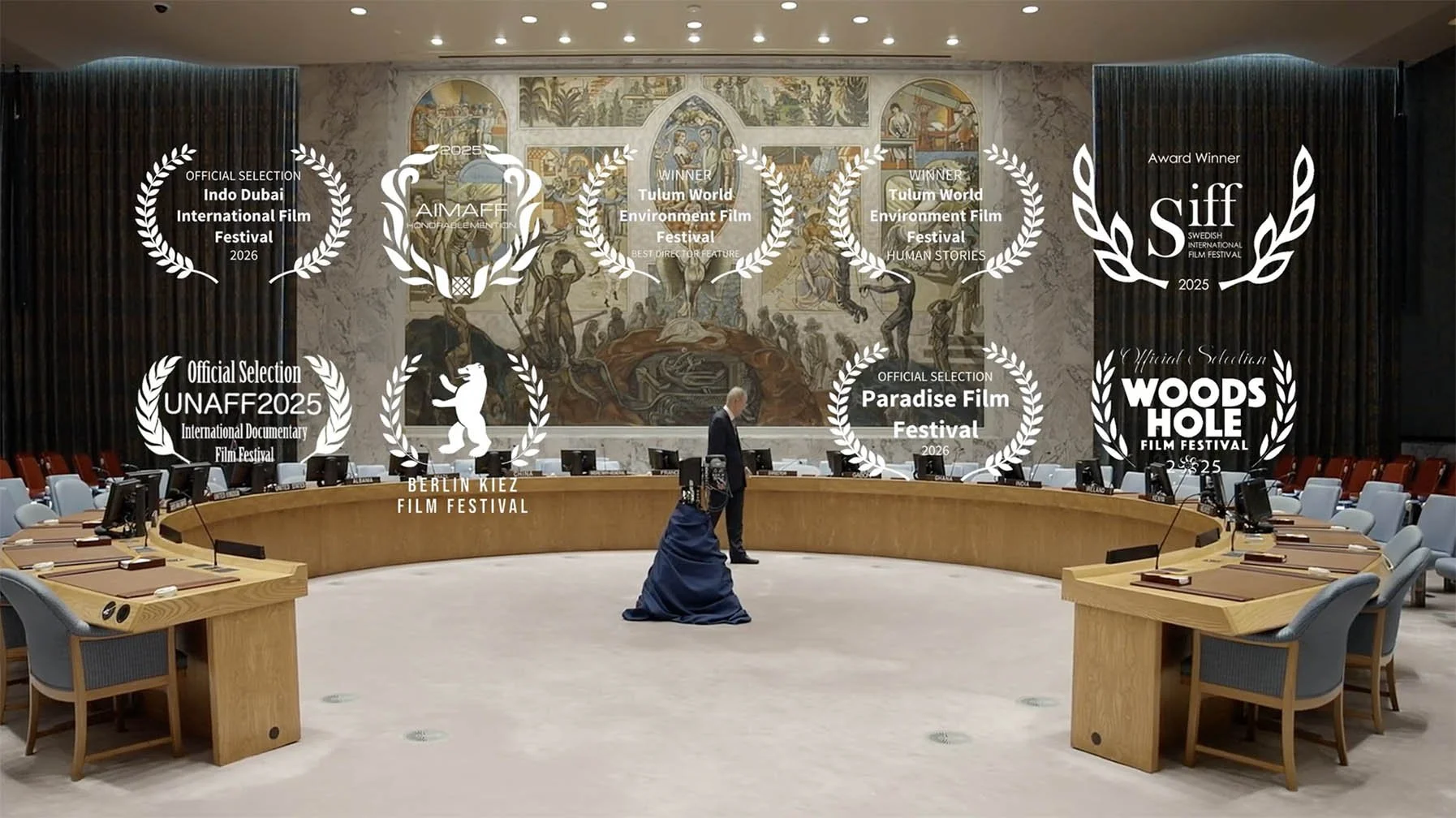 still from the quiet diplomat documentary showing the UN with film festival logos overlayed.