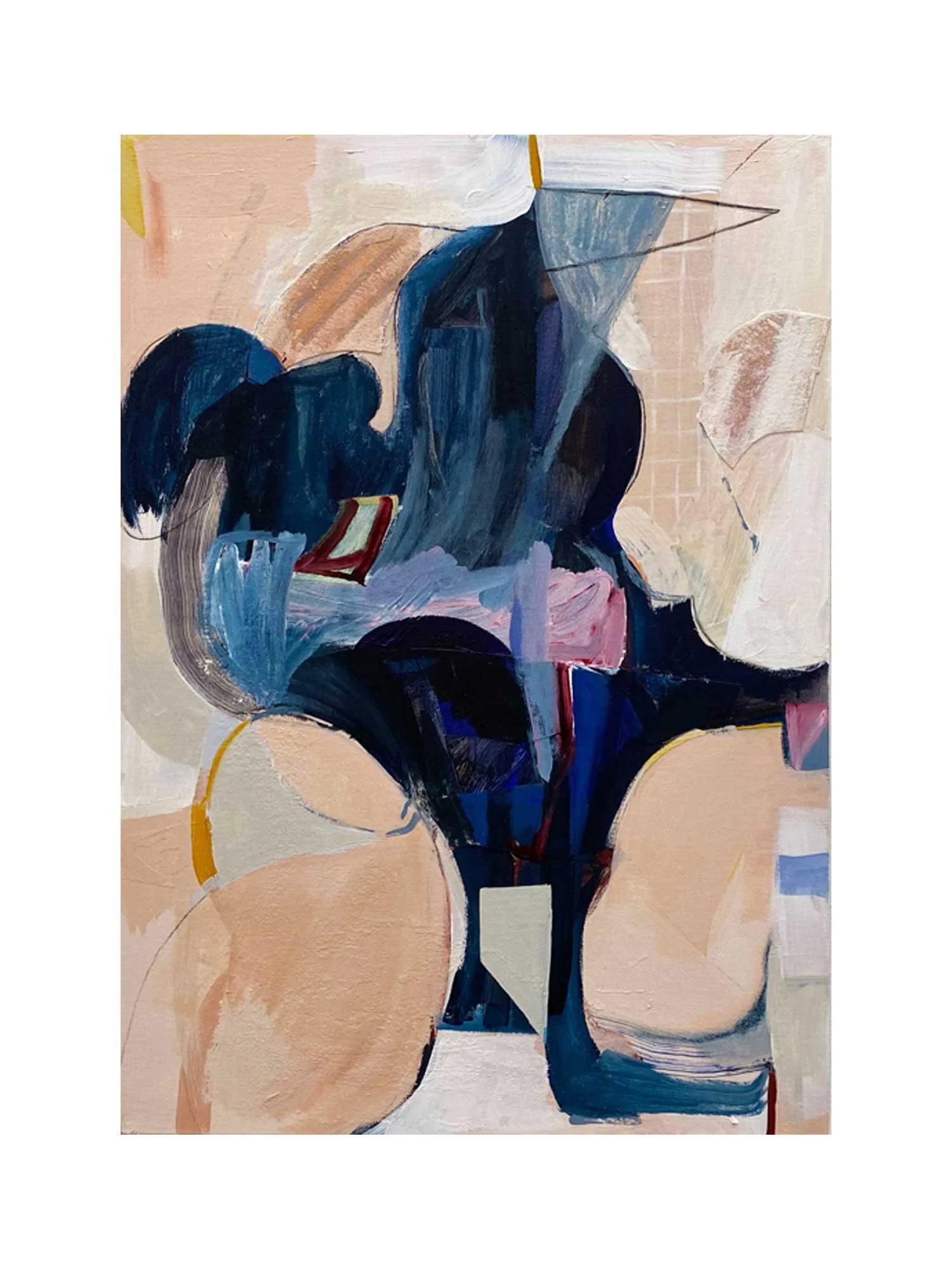 Abstract painting with navy, beige, white, pink, and blue brushstrokes and shapes.