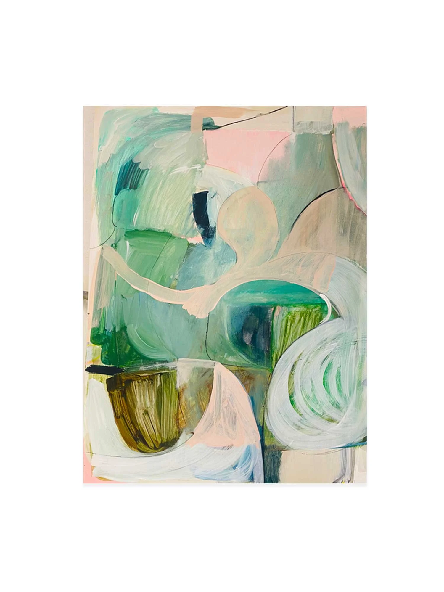Abstract painting with swirling shapes and soft pastel colors including green, pink, beige, and white.