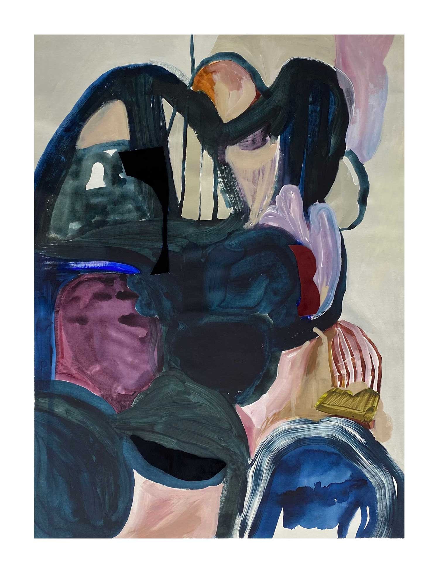 Abstract painting with various shapes and colors, including black, purple, pink, blue, and tan. The artwork features flowing, curved lines and layered brushstrokes.