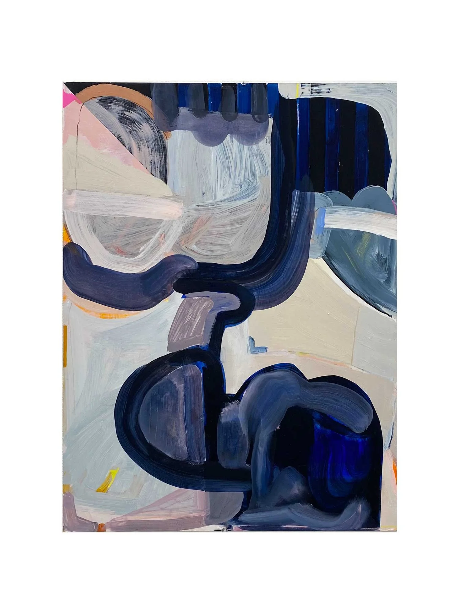 Abstract painting with large dark blue and gray brushstrokes on a light background