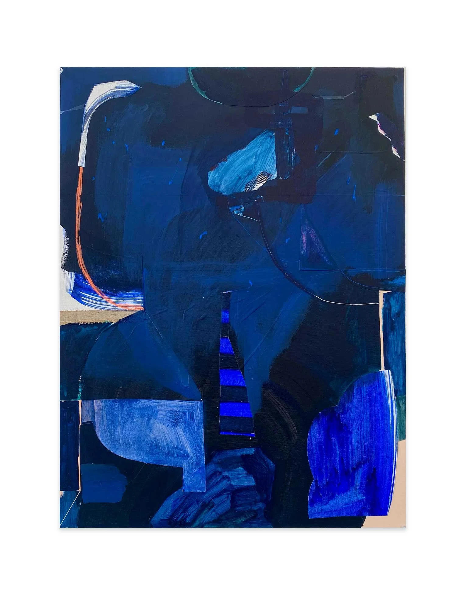 Abstract painting with shades of blue and black, featuring geometric shapes and curved lines.