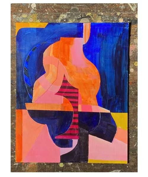 Abstract colorful painting of a woman's silhouette with bold blocks of blue, orange, pink, and yellow colors.
