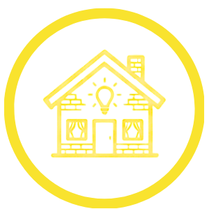 A house with a light bulb symbol on the roof, indicating a smart or innovative home, surrounded by a glowing yellow background.