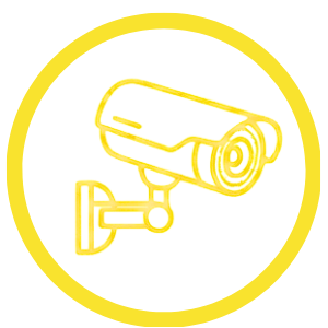 A yellow outline of a security camera within a yellow circle on a black background.