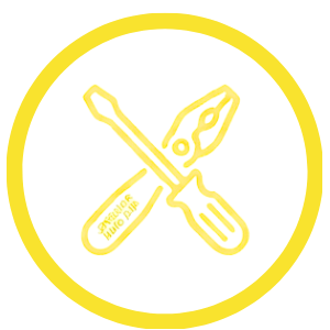 A yellow border circle with a cross screwdriver and paintbrush crossing each other on a black background.