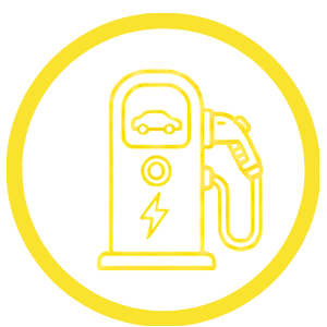 Electric vehicle charging station with a charging cable and a lightning bolt symbol.