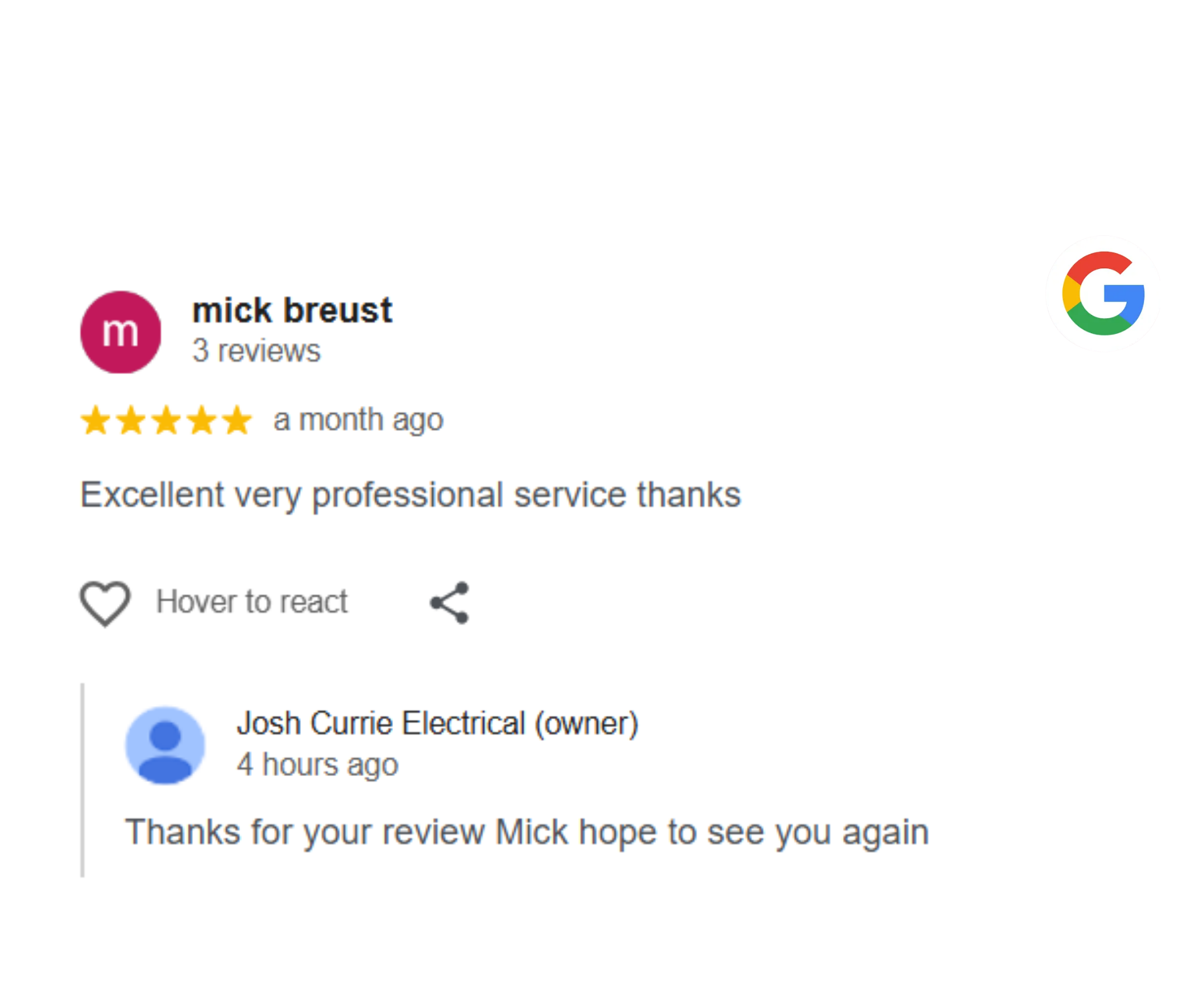 Screenshot of online reviews, showing one review from Mick Breust giving five stars and thanking for professional service, a second review from Josh Currie thanking Mick for the service and mentioning seeing him again.