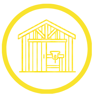 A yellow line drawing of a garage with a key hanging inside, enclosed in a yellow circle.