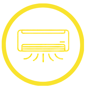 Yellow neon sign of an air conditioner unit with wavy lines representing airflow.