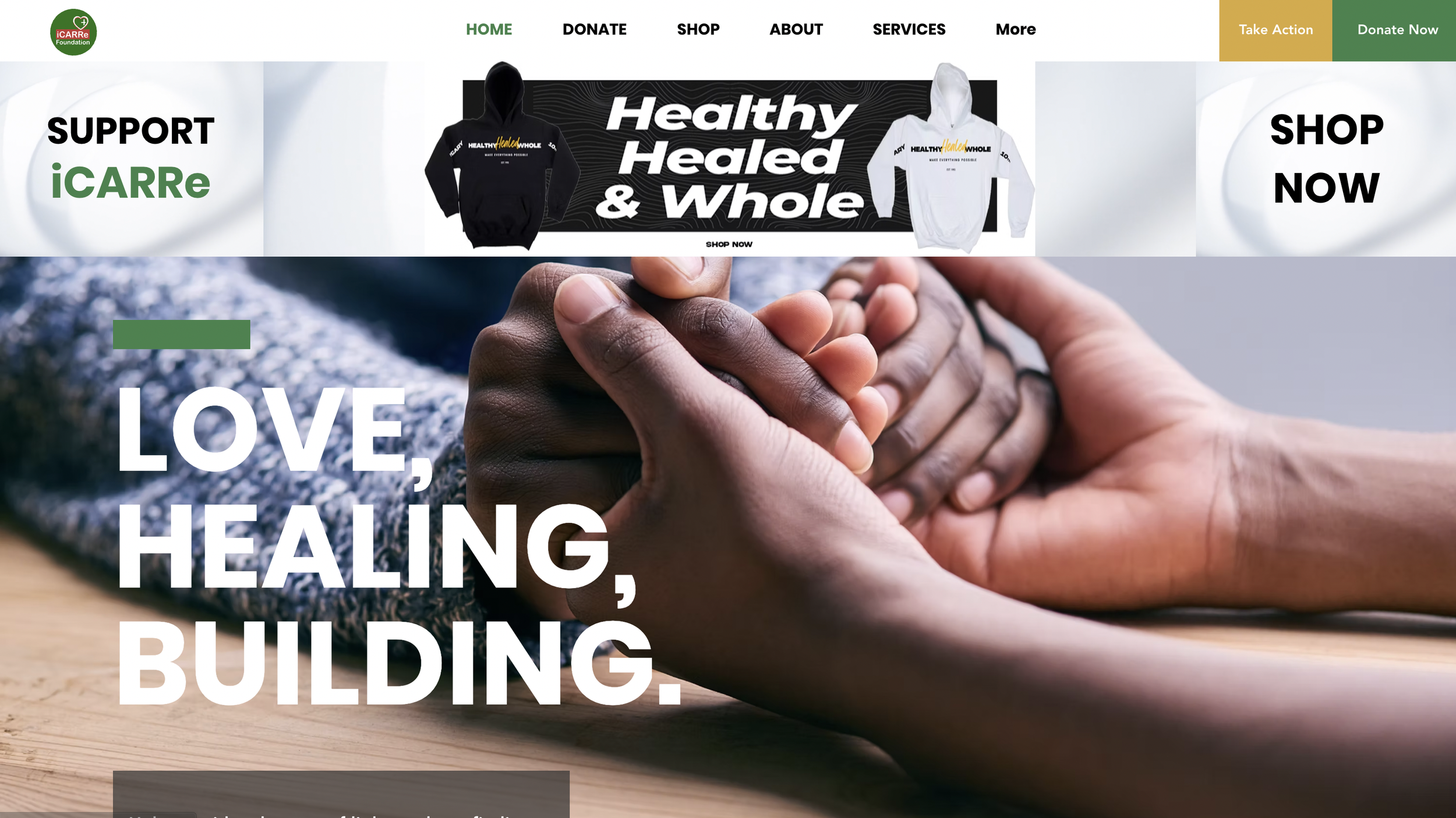 Close-up of two hands holding each other, symbolizing love and healing, with text overlay saying "Love, Healing, Building"