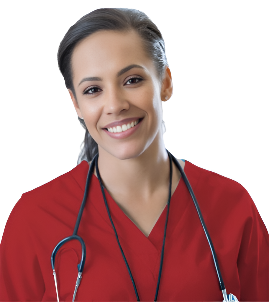 A smiling female healthcare professional wearing a red uniform with a stethoscope around her neck.