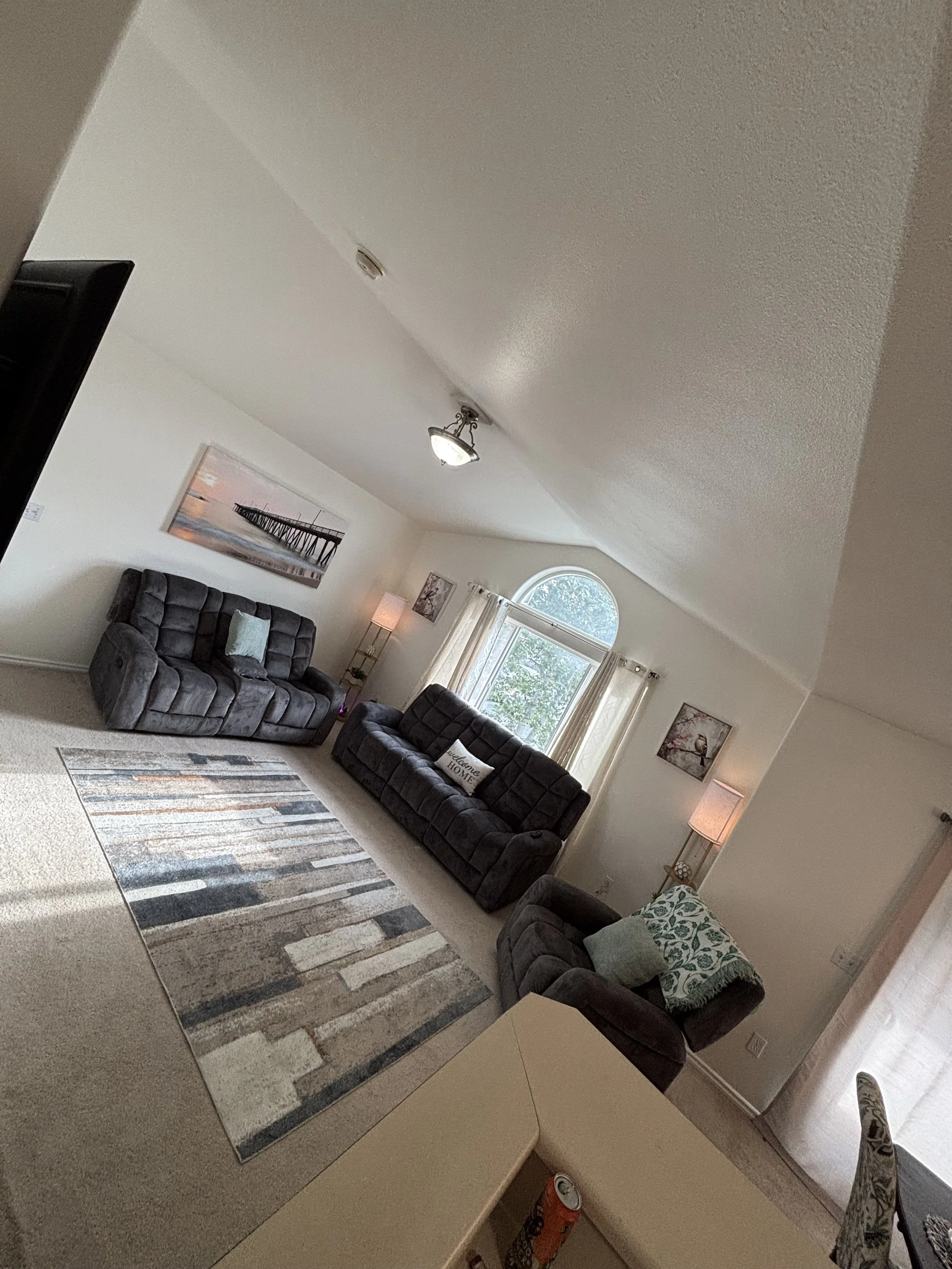 Living room with two dark gray sofas, a colorful area rug, a window with curtains, and wall art.
