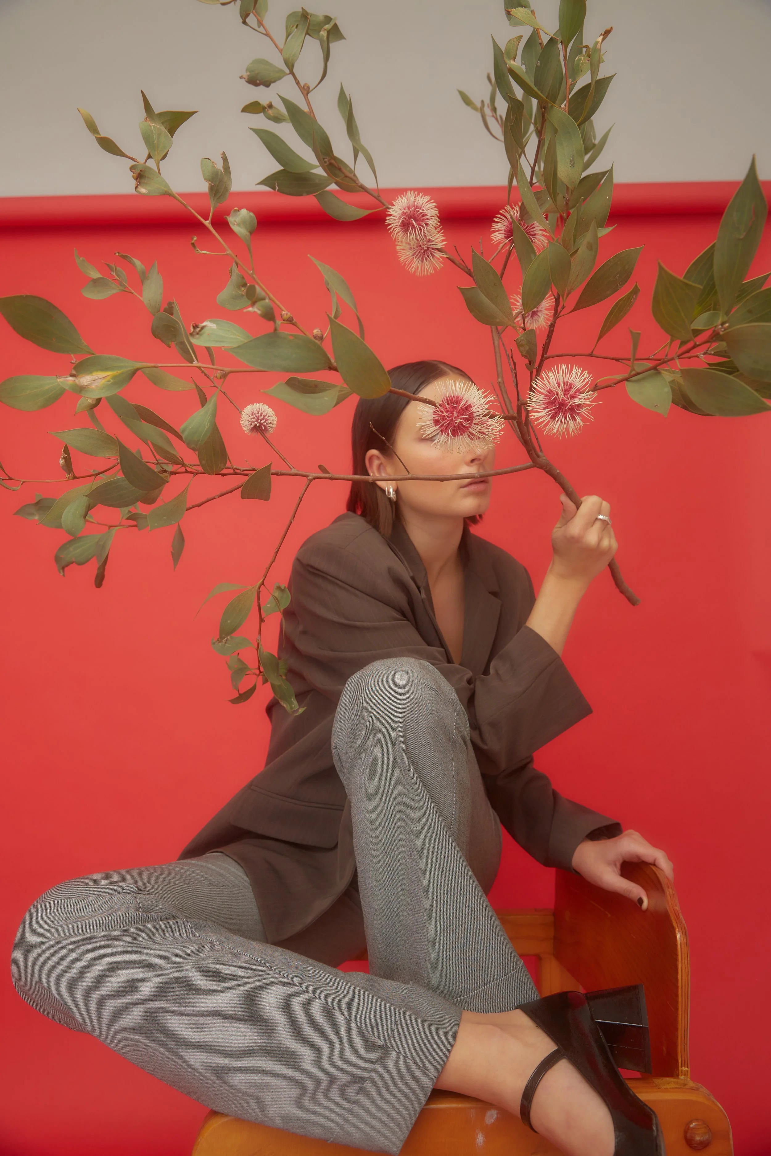 A woman sitting on a wooden bench with one knee up, holding a large branch with green leaves and pink fluffy flowers in front of her face. She is wearing a brown blazer, gray pants, and black heels, with a red wall behind her.