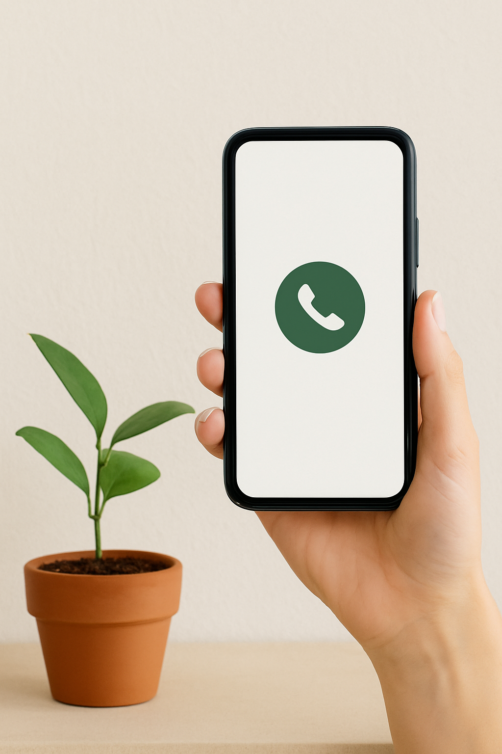 A hand holding a smartphone displaying a green phone call icon, with a small potted plant with green leaves on a beige surface nearby.
