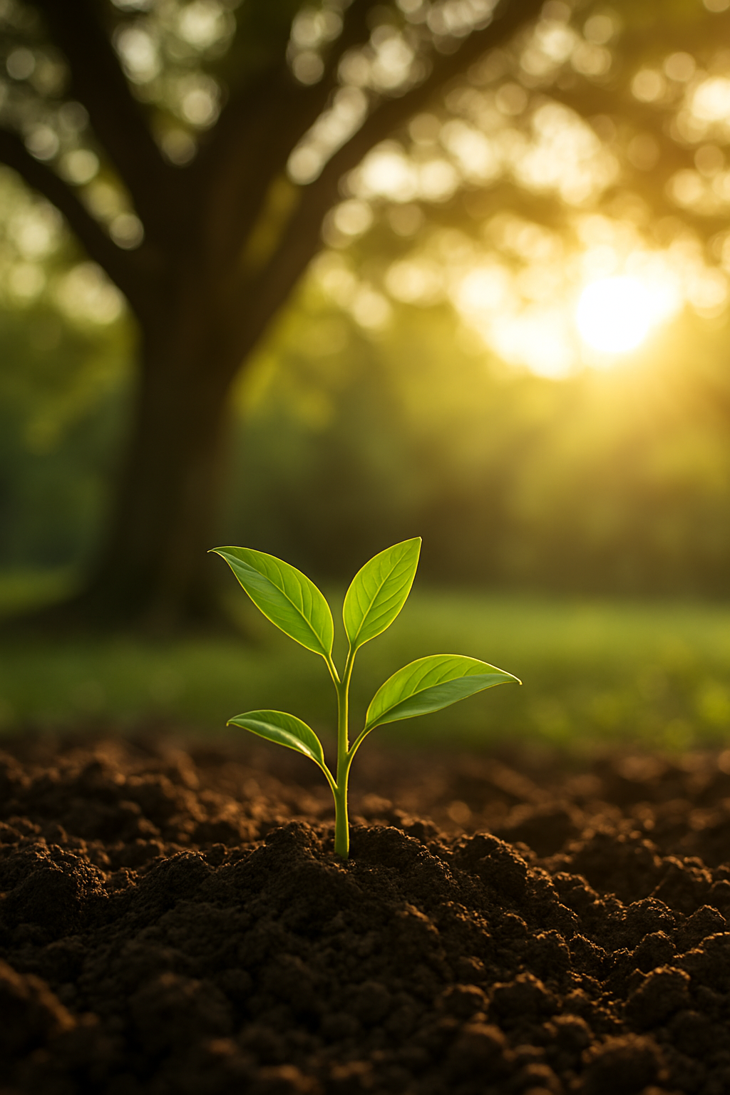 A young plant with green leaves growing in dark soil with a blurred tree and sunlight in the background.