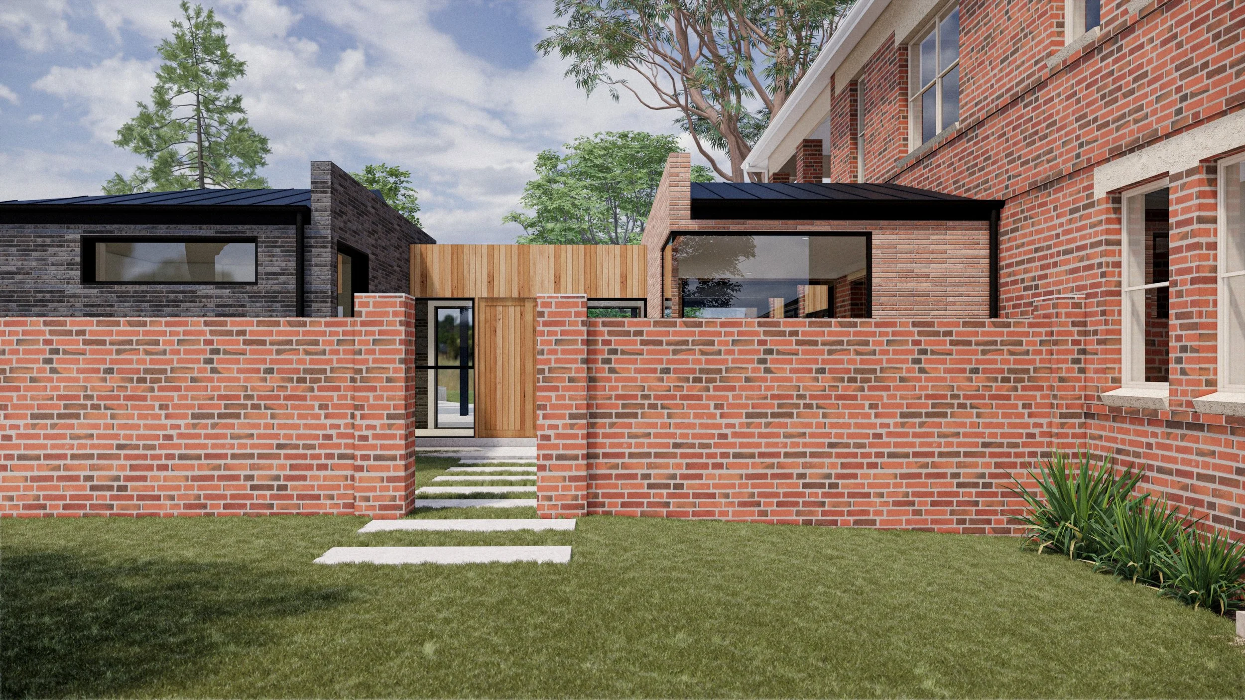 A modern backyard with a brick wall, stepping stones leading to a wooden gate, and a house with brick walls and windows. There are trees and a sky with scattered clouds in the background.