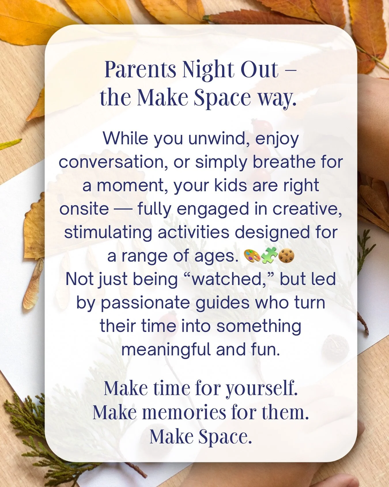 ✨ Make Space Events aren&rsquo;t your typical &ldquo;parents&rsquo; night out.&rdquo;

We&rsquo;re redefining what community looks like for parents &mdash; with events that are intentionally small, thoughtfully curated, and designed for connection.

