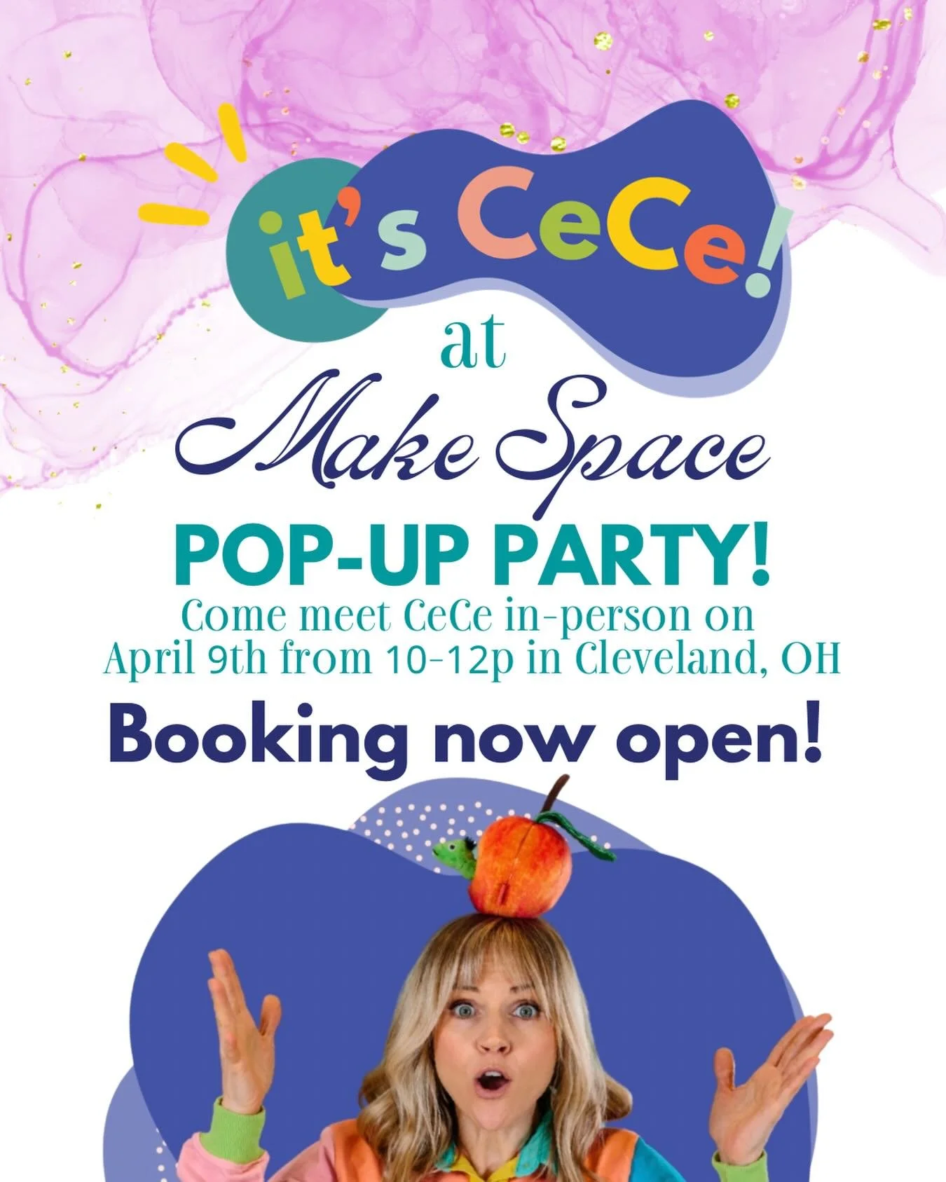 BOOKING NOW OPEN! Come meet &ldquo;It&rsquo;s CeCe!&rdquo; on Thursday morning 4/9! This pop-up party will be a super special celebration and intimate experience for young fans ages 1-7. Your little ones will enjoy fun-filled activities led by CeCe h