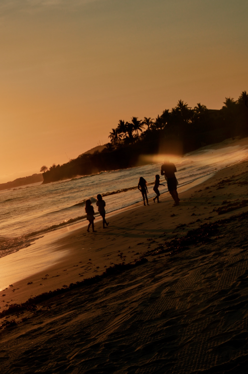 A sunset scene on a beach with five children playing near the shoreline, palm trees on a hill in the background, and the sky illuminated with warm orange hues.