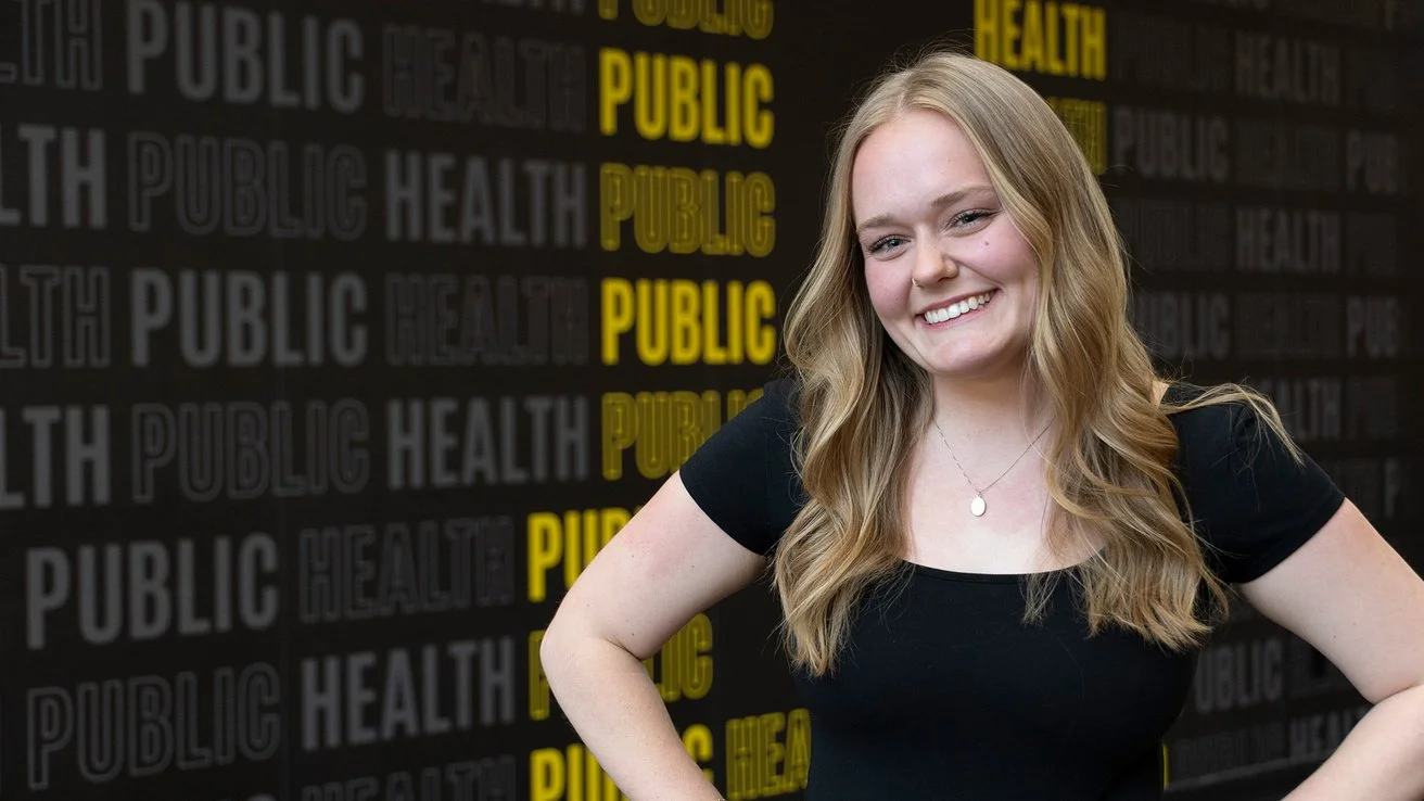 Headshot of Commonground founder, Megan Mindy, in front of a background that reads: Public Health