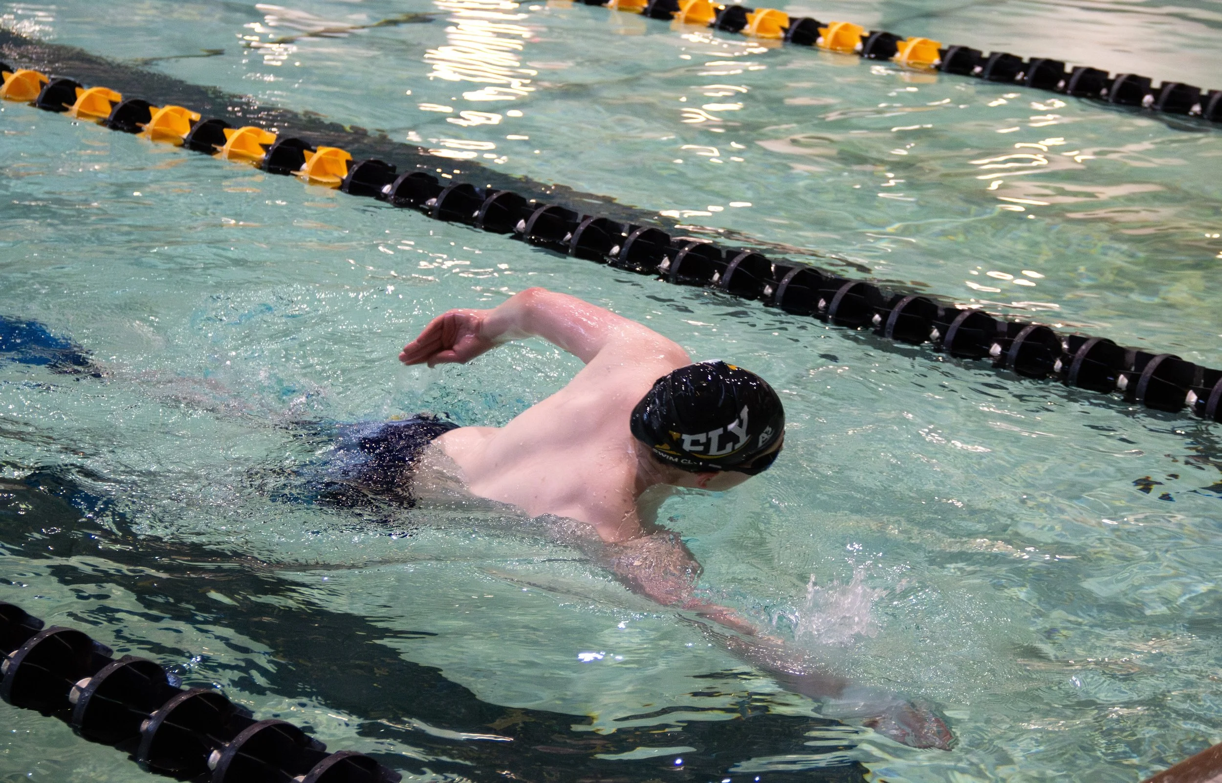 A close-up image of one individual actively swimming in an indoor lap pool.