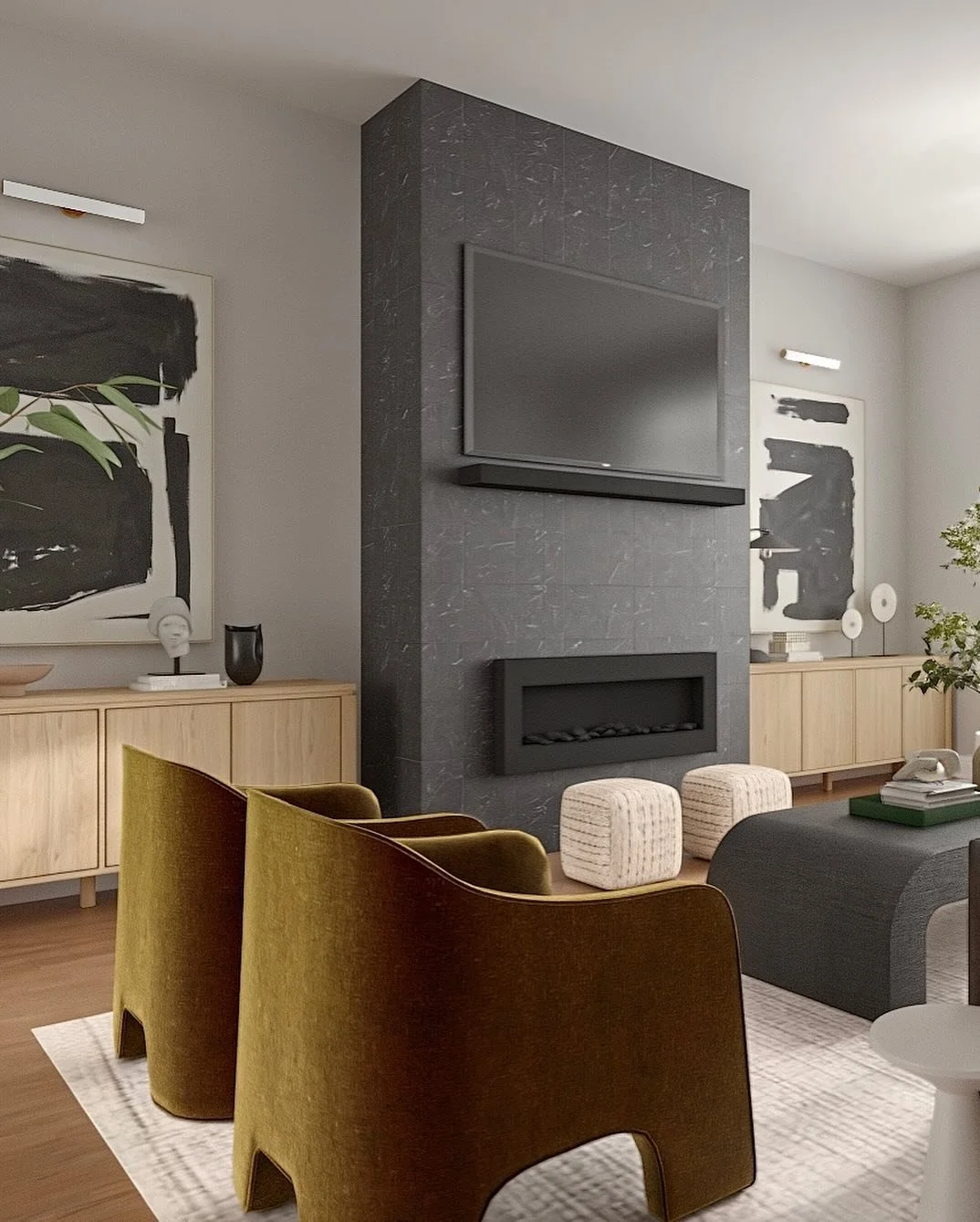 Moody fireplace? Check. Chartreuse chairs that low-key demand a round of applause? Double check.
This space is giving layered, lived-in, and just the right amount of edge ✨