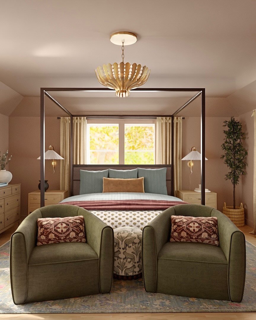 Pattern play doing the most, a color palette that doesn&rsquo;t behave, and mauve having its moment. Comfortable, relaxed, and very much not here for perfectly matched anything. Basically, the bedroom equivalent of staying in and ordering takeout.