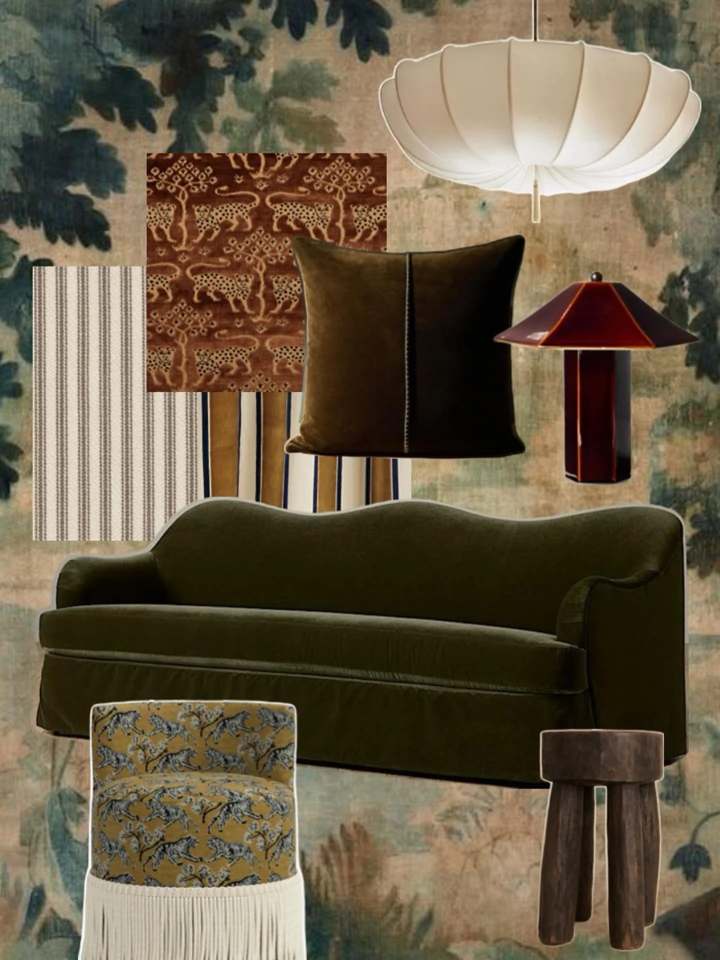 Sunday mood: earth tones with a mural moment.

We built the room around the wallpaper and that dark olive sofa (round of applause, please), then leaned into bold pattern play and rich texture.

Unexpected, a little dramatic, and very intentional.