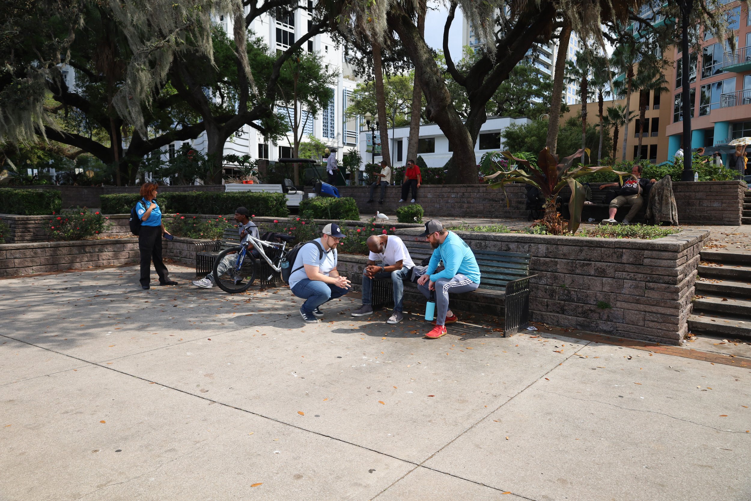 People sitting and standing in a park with trees, benches, and high-rise buildings in the background.