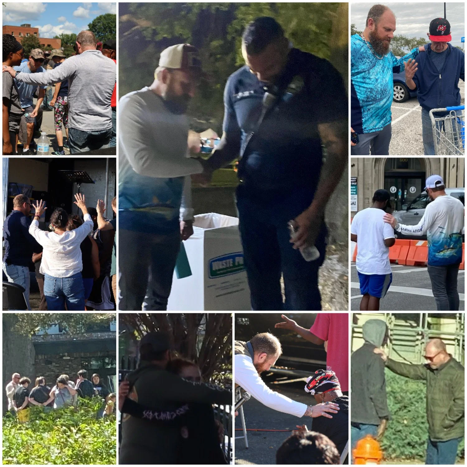 Collage of various people in different outdoor settings, engaged in activities such as talking, listening, and praying.