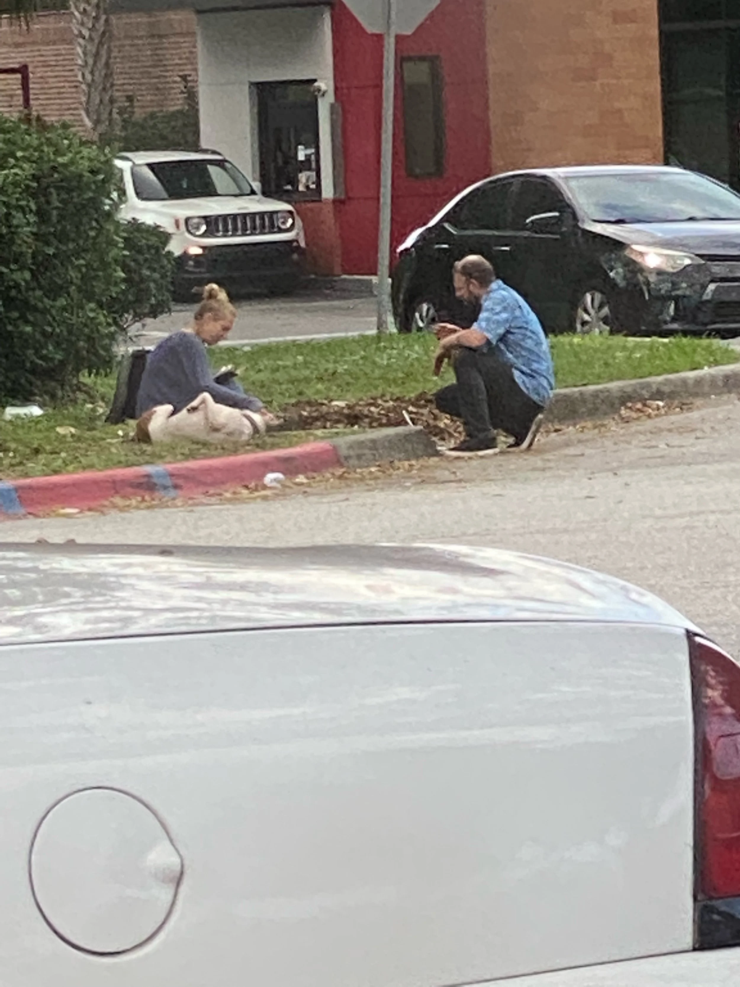 A man and a woman sitting on the grass by the sidewalk. A white car and a black car are parked behind them on the street, with a red-painted building in the background.