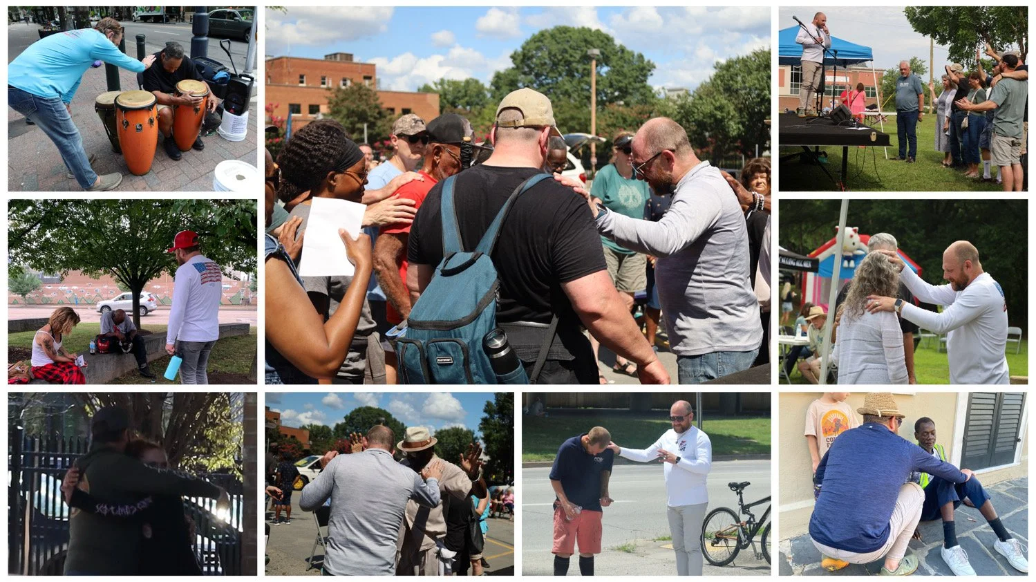 Collage of people participating in various outdoor community events, including conversations, music performances, and gatherings in different settings such as parks and street corners.