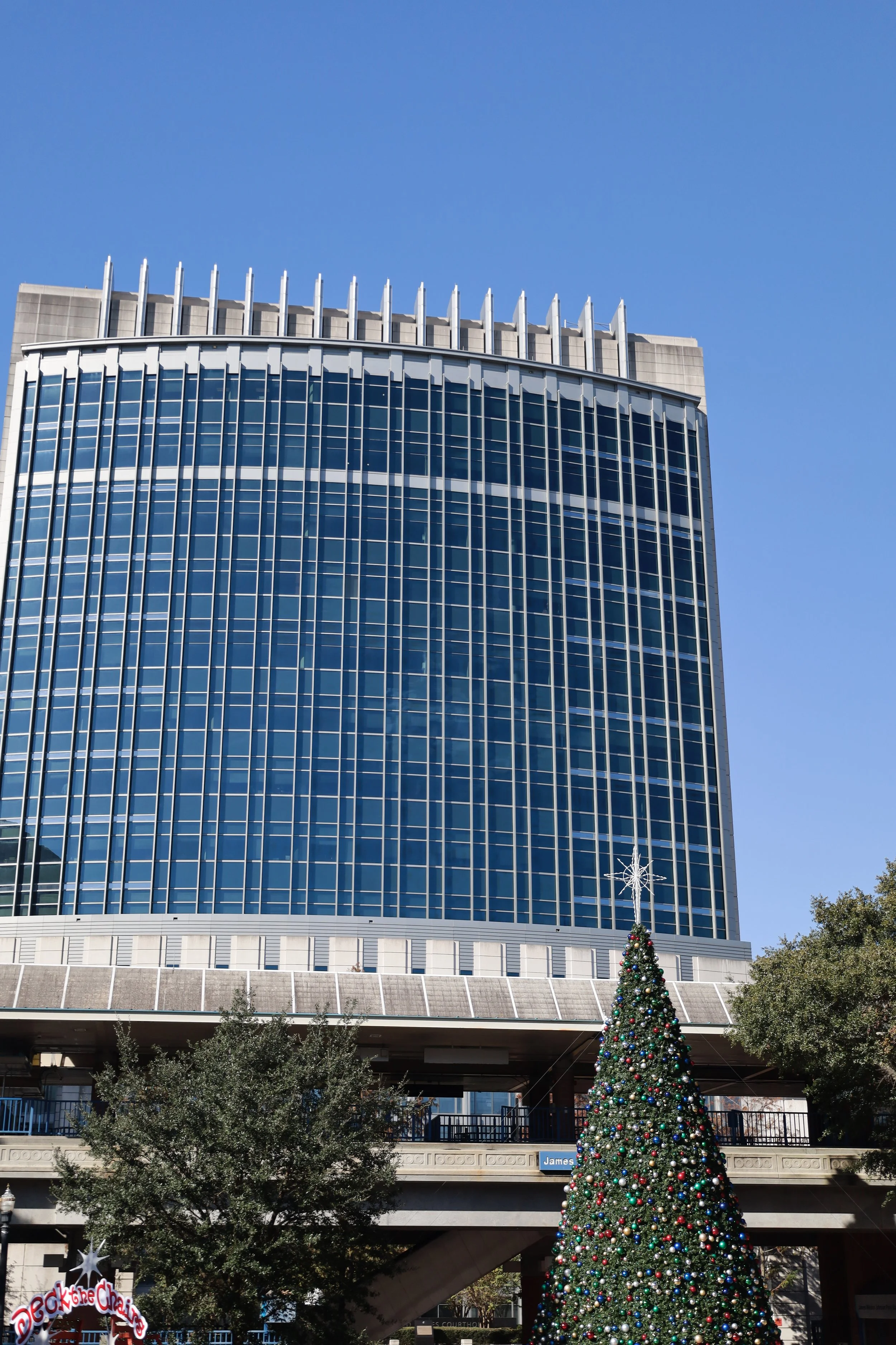 A modern high-rise building with a curved glass facade and a Christmas tree with ornaments in front.