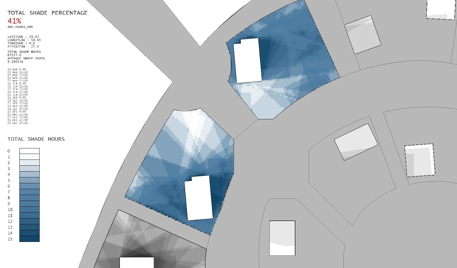 Map showing shade hours on a building property in the presence of two tall towers, with color-coded shading indicating varying sunlight exposure levels during specific times and dates.
