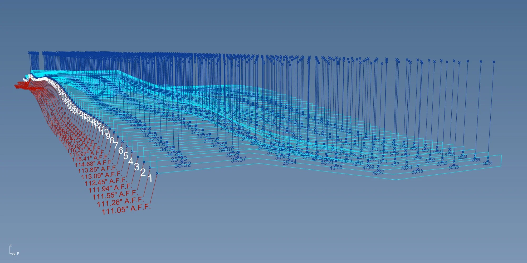 3D computer model of an architectural design with fabrication information hull with detailed measurements and structural grid lines.