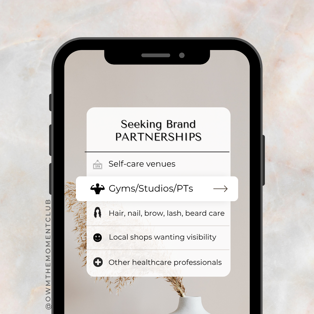 Smartphone screen displaying a menu for seeking sponsorships, highlighting Gyms/Studios/PTs among other self-care options.