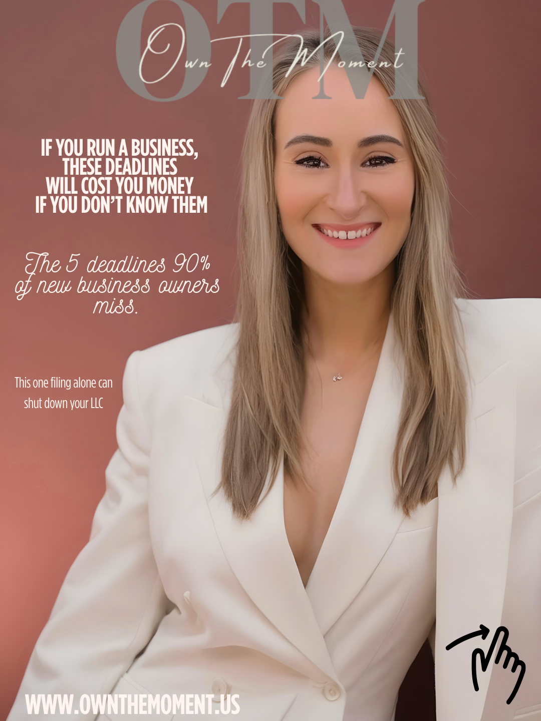 A woman wearing a white blazer, smiling against a plain background, with text overlay about business deadlines and LLC shutdown risk.