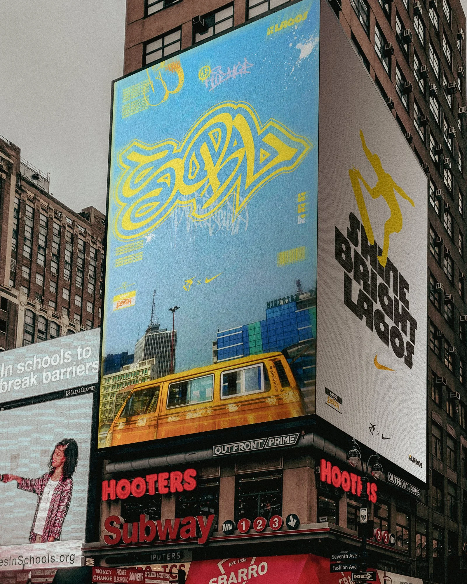 Nike campaign concept billboard inspired by Lagos youth culture, featuring bold yellow typography, street graphics, and a danfo bus in an urban city setting.