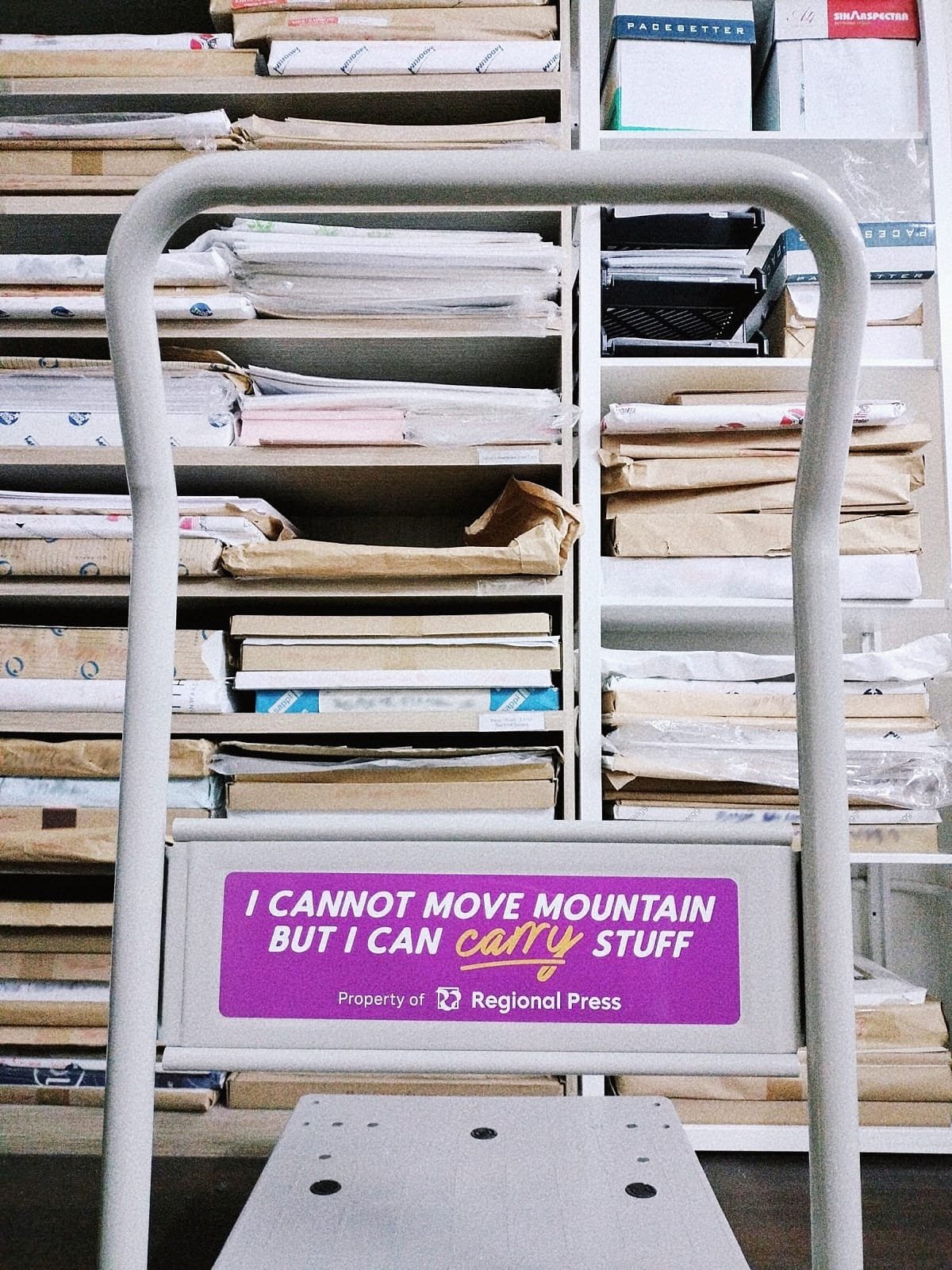 One of the things we liked doing was making sure we sprinkled subtle advertising all over the mundane. In this case, it was on this trolley which we used everyday to deliver small orders within the building.