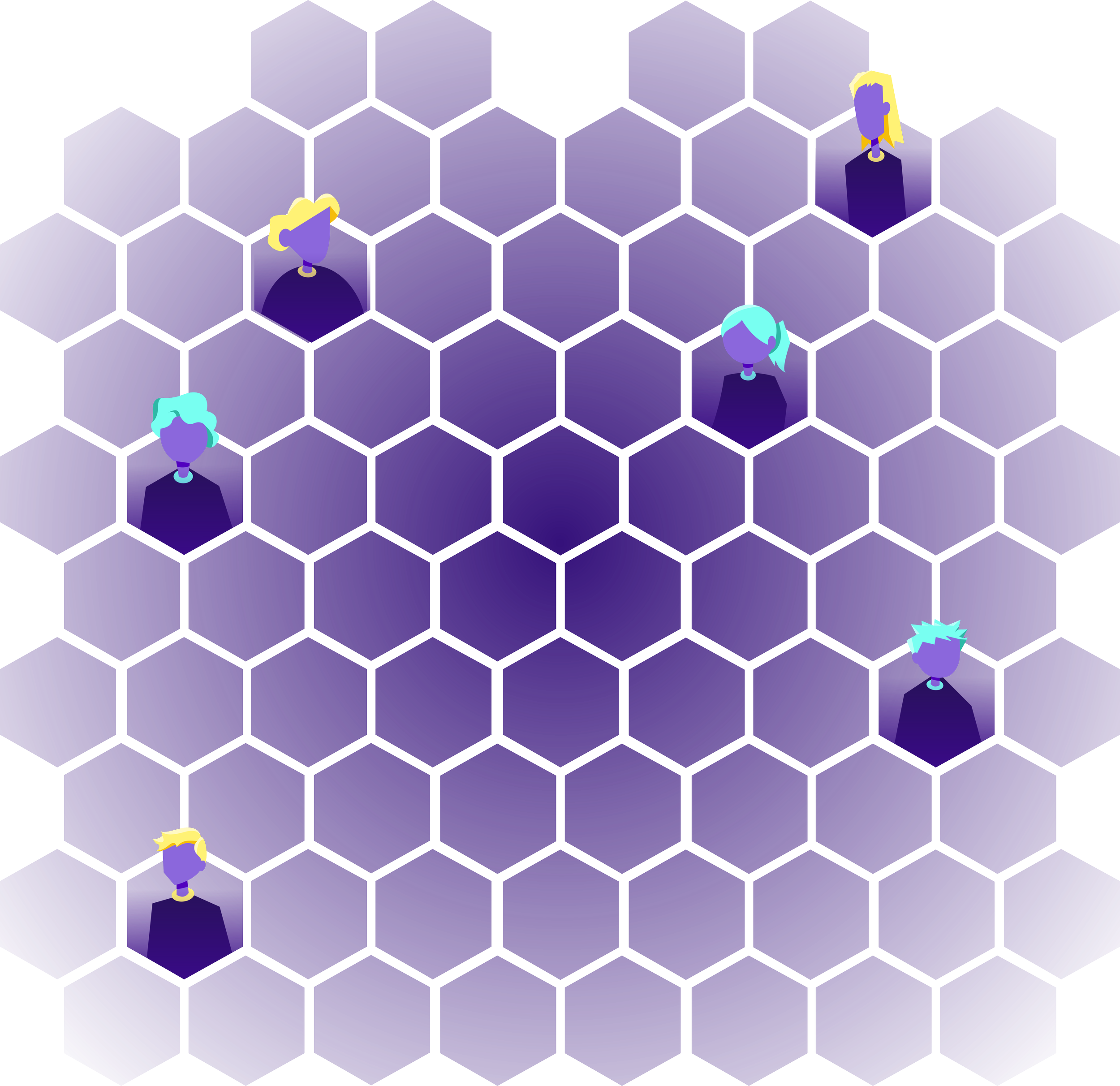 Mosaic of hexagonal tiles transitioning from dark to faded out and muted, random hexagons have colourful characters poking their heads out from inside the tiles, they have a diverse range of face shapes and hair styles.