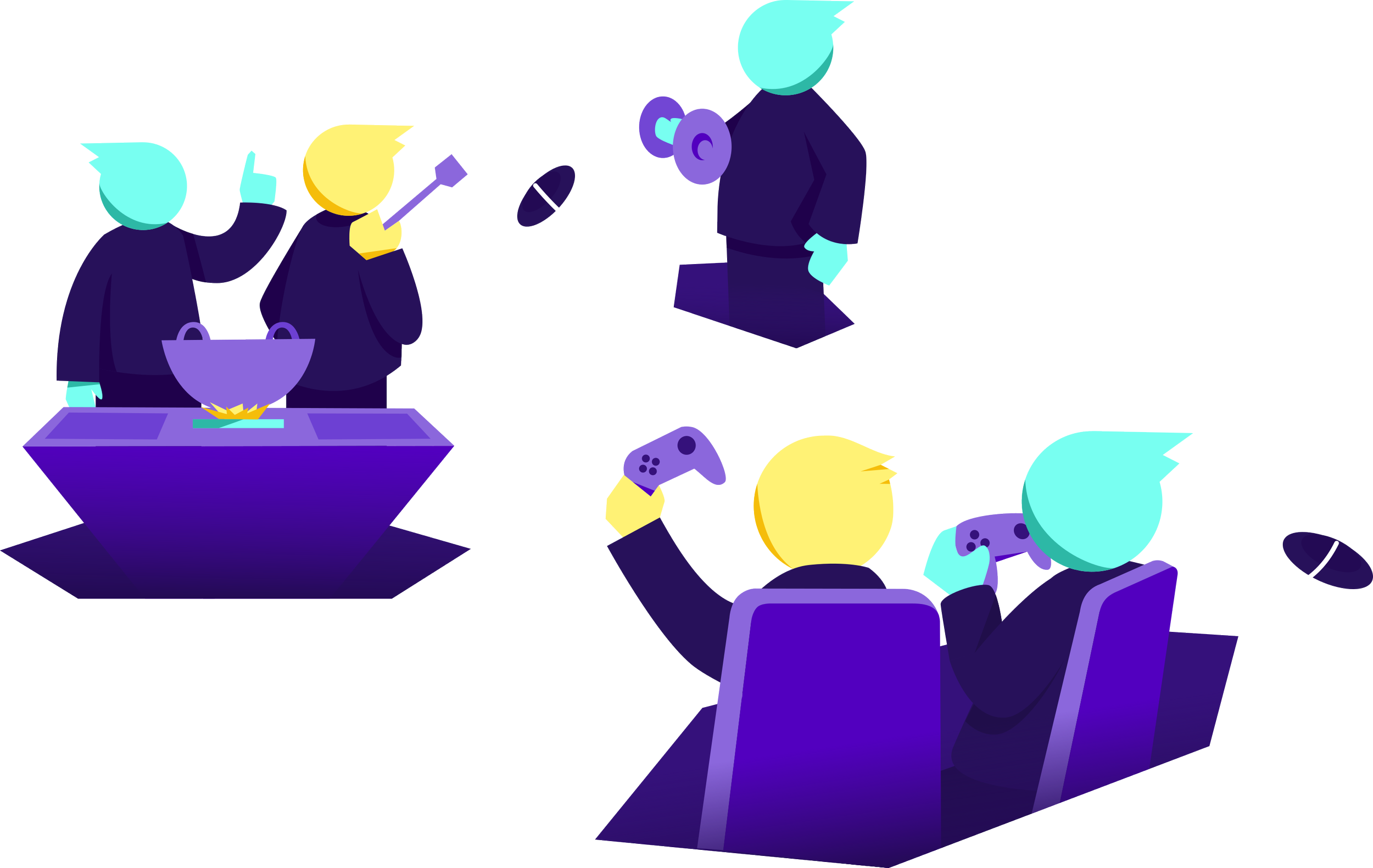 Three groups of characters doing different hobbies and activities, connected by keystone hexagons and tendrils between them. The first set are playing games together, the second are cooking together and the third is lifting a dumbbell.