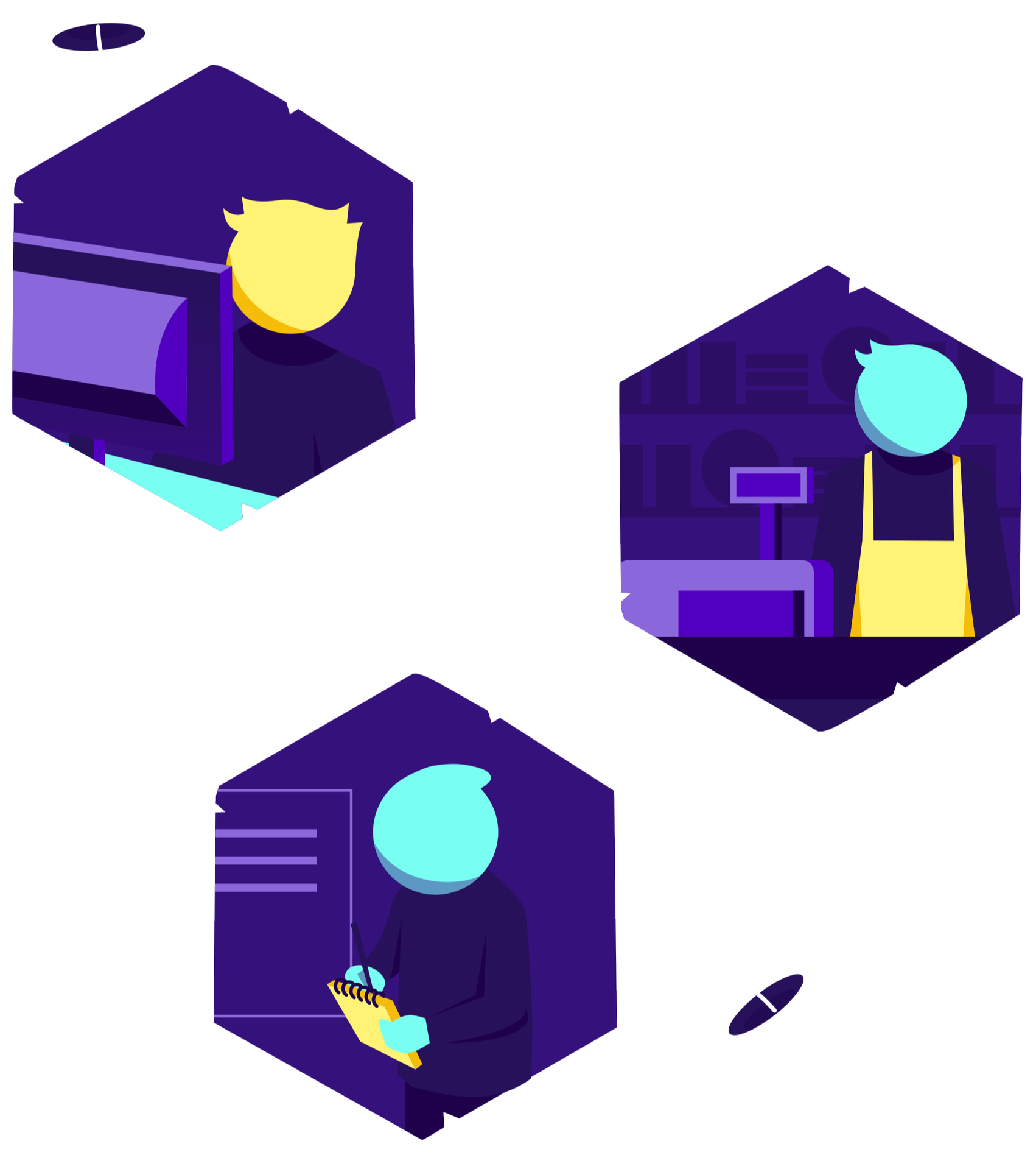 Stack of keystone hexagons containing computer, cash register, and notepad icons, with lines leading to each other.