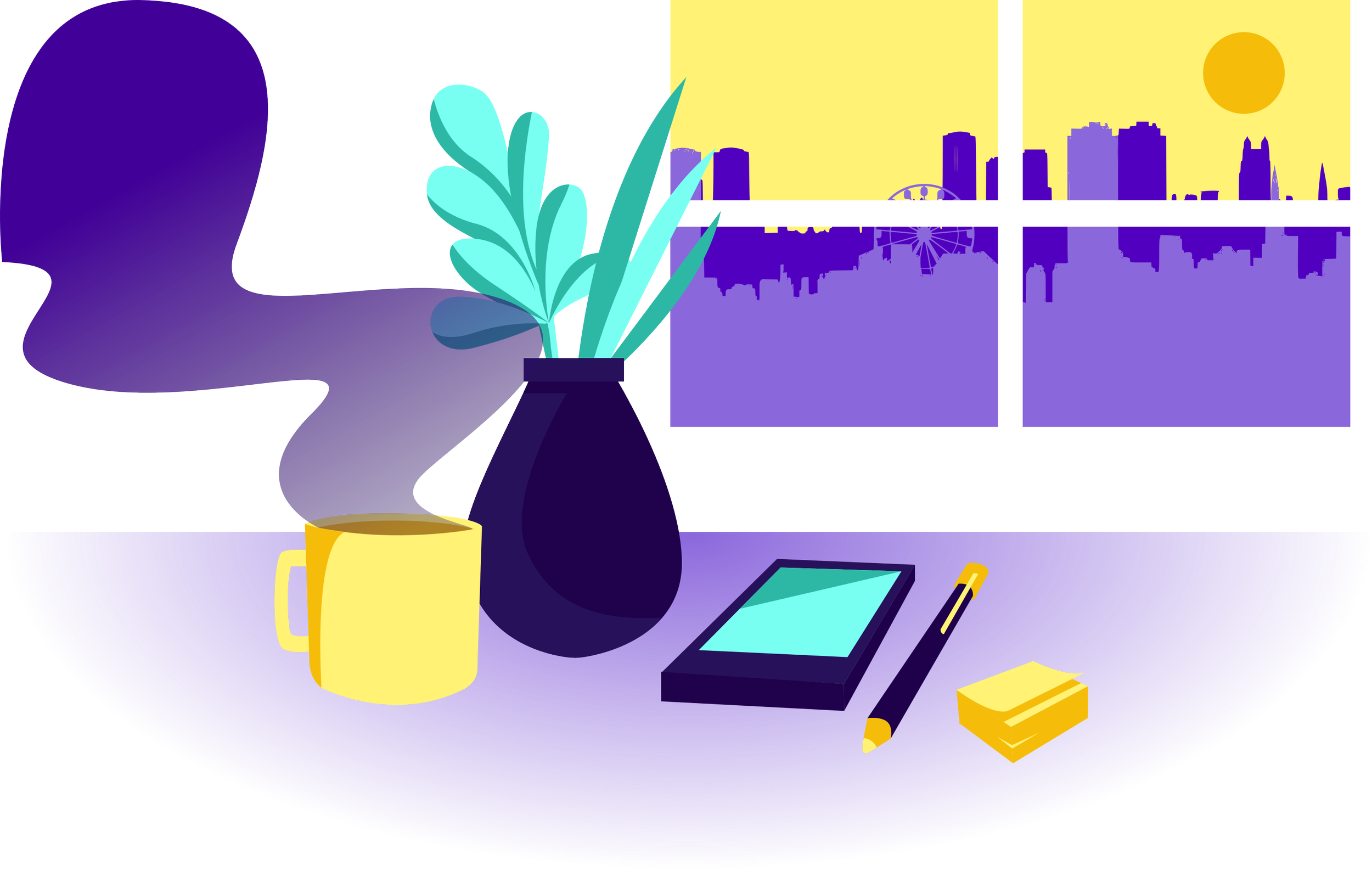 Front perspective view of a desk with a variety of items spread across the table. A pen, phone, coffee mug and a house plant. There is a window in the background, with a pale yellow and people cityscape and sunrise. 